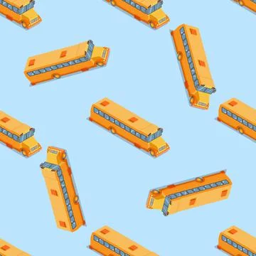 School bus seamless pattern on blue background. Stock Illustration