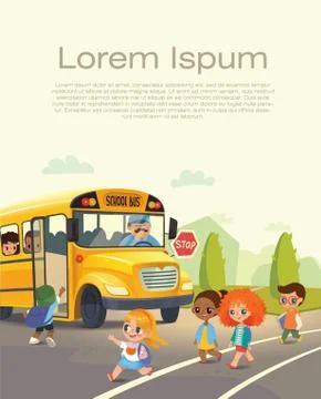 School bus stop. Back To School Safety Concept. Kids riding on a school bus. Stock Illustration