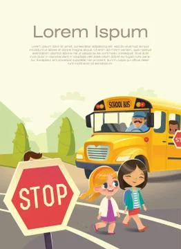 School bus stop. Back To School Safety. Kids riding on a school bus. Stock Illustration