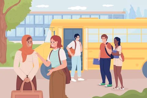 School bus stop before highschool building flat color vector illustration Ilustración de archivo