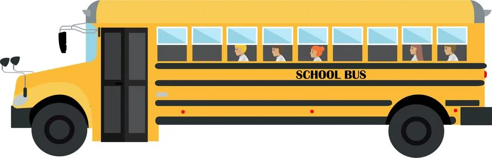 School bus with students vector icon isolated on white Stock Illustration
