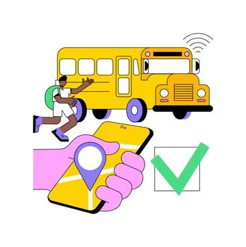 School bus tracking system abstract concept vector illustration. Illustrazione stock