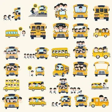 School bus transport set with cute students and children characters Stock Illustration
