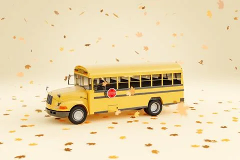 School bus under falling autumn leaves against beige background Stock Illustration