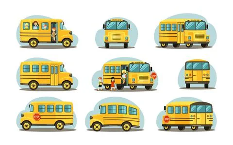 School bus in various forms. Passenger yellow car with joyful children vehicle Ilustração Stock
