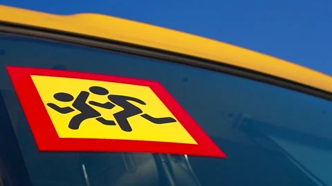 School bus warning sign on window. Stock Footage 341109833