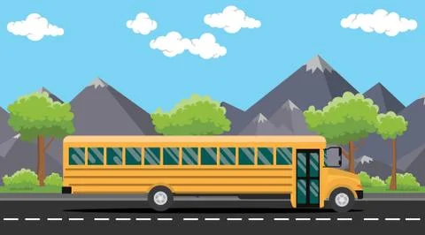 School bus yellow on road with tree and mountain as background 스톡 일러스트