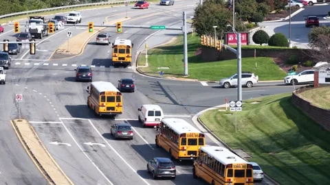 School Buses and Sheetz Station Beside Forest Traffic Lights Stock Footage 346799826