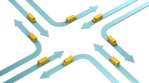 School buses on arrows of different directions isolated on white Stock Illustration