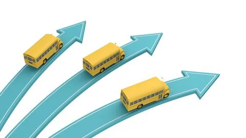 School buses go in different directions isolated on white above view Stock Illustration
