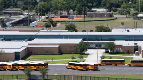 School buses idle in rows outside brick school building beside running track Stock Footage 340140687