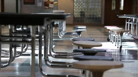 School Cafeteria Rack Focus Across Empty Chairs Stock-Footage 125539809