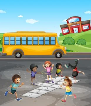 School campus with students playing in the field イラスト素材