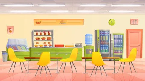 School canteen interior, dining room of campus cafeteria with empty tables and Illustration