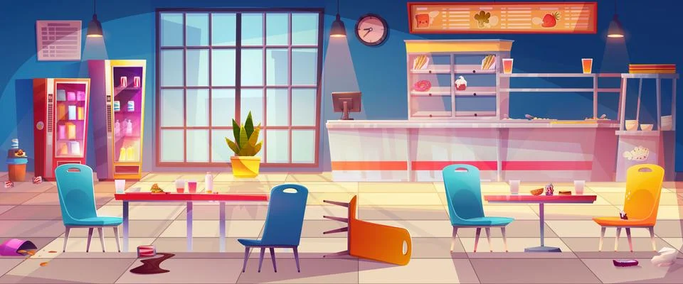 School canteen interior with kitchen background Illustrazione stock