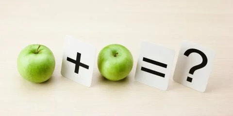 School card and apple with math problems 스톡 사진