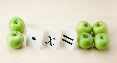 School card and apple with math problems Stock Photos