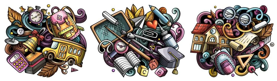 School cartoon vector doodle designs set. Stock Illustration