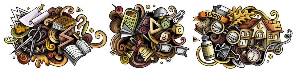 School cartoon vector doodle designs set. Stock Illustration