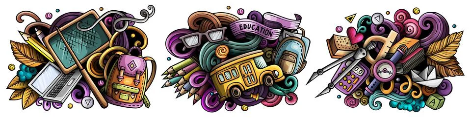 School cartoon vector doodle designs set. Stock Illustration