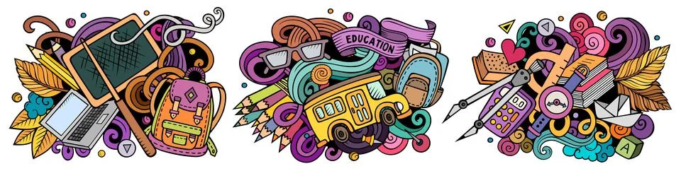 School cartoon vector doodle designs set. Stock Illustration