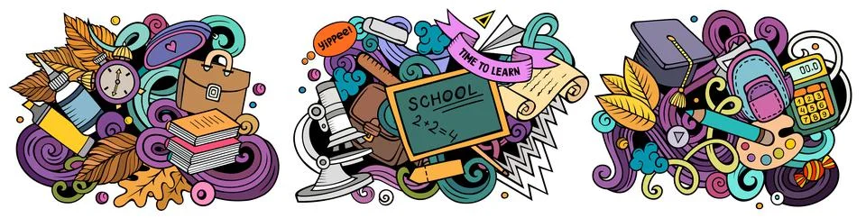 School cartoon vector doodle designs set. Stock Illustration