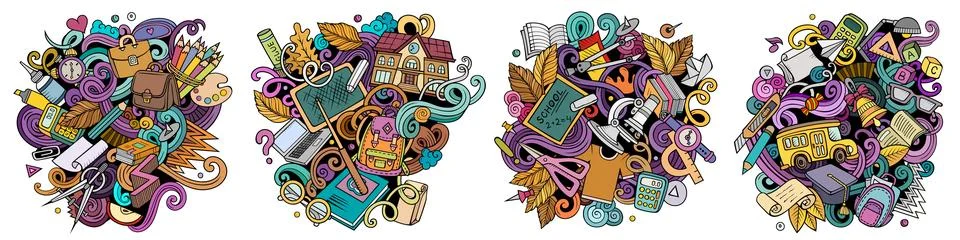 School cartoon vector doodle designs set. Stock Illustration