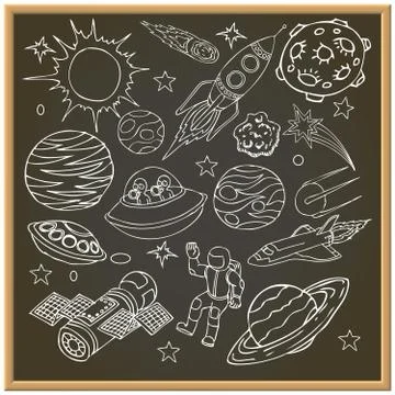 School chalk board with outer space doodles, symbols and design elements Stockillustratie