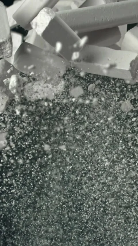 School chalk flies against the background of the blackboard. Filmed on a high Stock Footage 335368955
