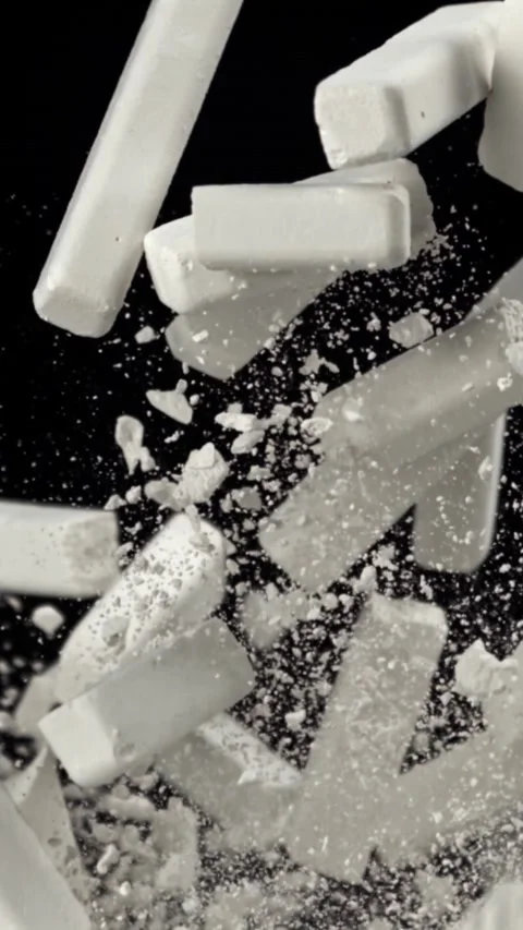 School chalk flies up and falls down on a black background. Filmed on a high Stock Footage 335373111