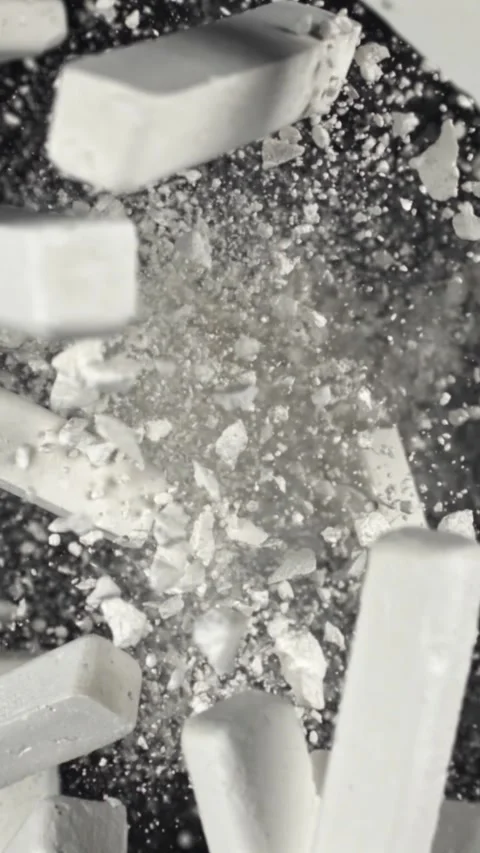 School chalk flies up and falls down on a black background. Filmed on a high Stock Footage 335376564