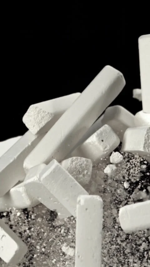 School chalk flies up and falls down on a black background. Filmed on a high Stock Footage 335378125