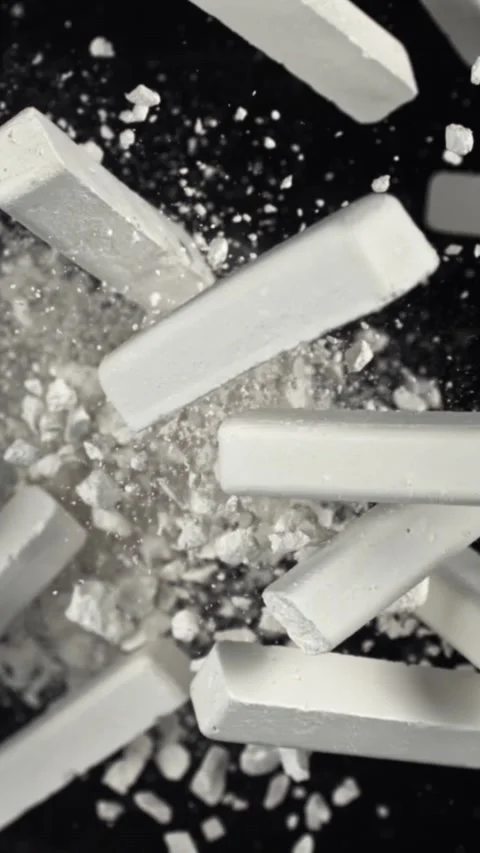 School chalk flies up and falls down on a black background. Filmed on a high Stock Footage 335379903