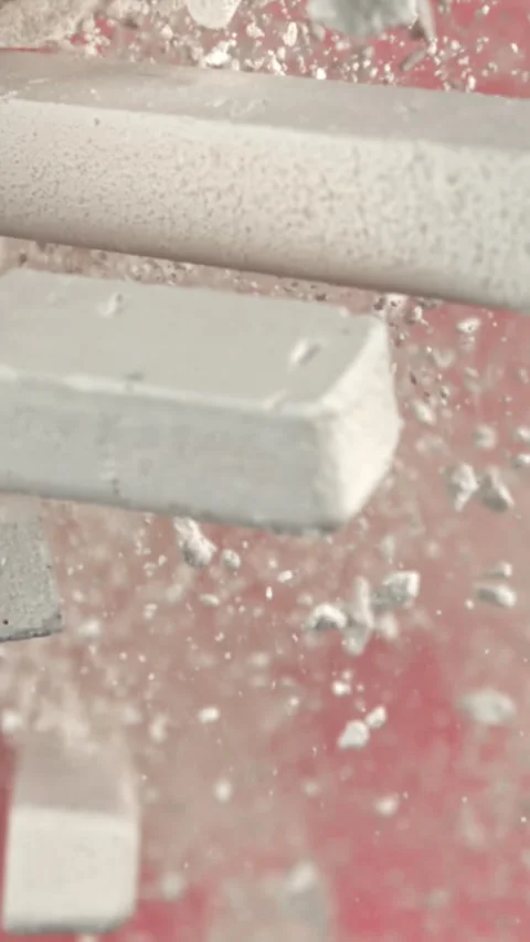 School chalk flying on a pink background. Filmed on a high-speed camera at 1000 Stock Footage 335378541