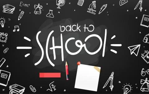 School chalkboard with different objects and lettering logo. Welcome back to  Stock Illustration