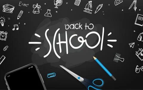 School chalkboard with different objects and lettering logo. Welcome back to  Stock Illustration