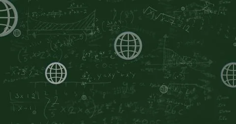 A school chalkboard displaying math equations and diagrams Stock Photos