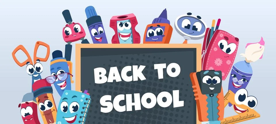 School characters background. Cute educational supplies with funny faces. Vector Stock Illustration