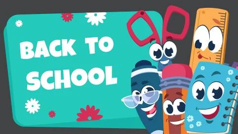 School characters background. Educational poster with happy school stationery Illustrazione stock
