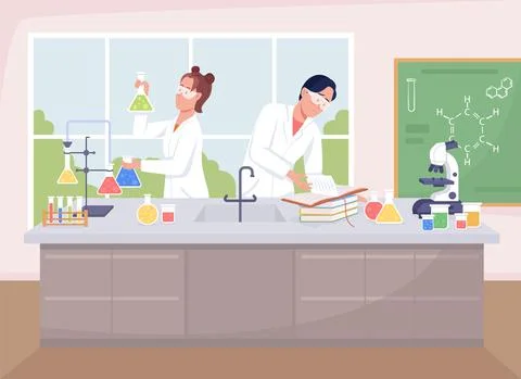 School chemistry class flat color vector illustration Stockillustratie
