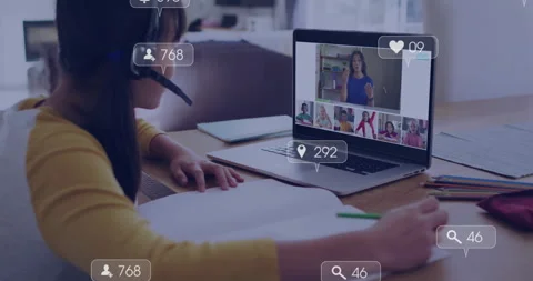 In school, child attending online class with animation of social media icons Stock Footage 304011014