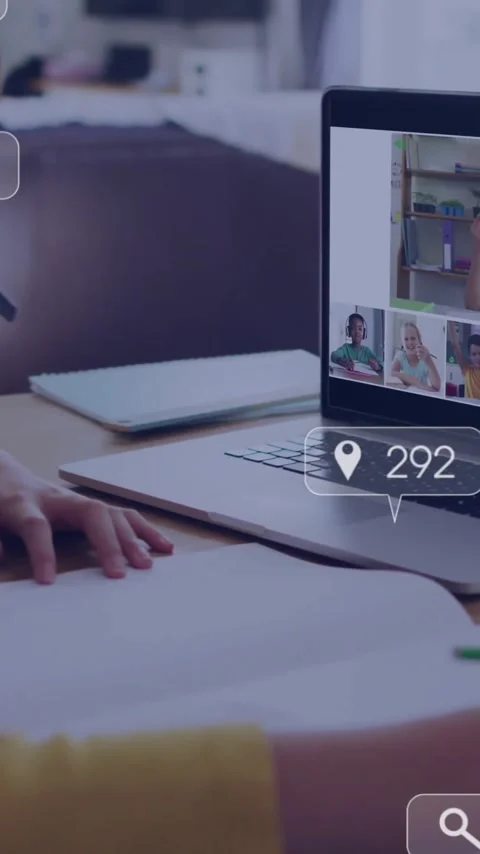 In school, child attending online class with animation of social media icons Stock Footage 344370389
