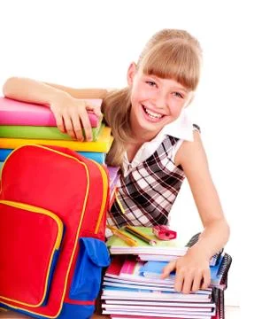 School child holding stack of books. 스톡 사진