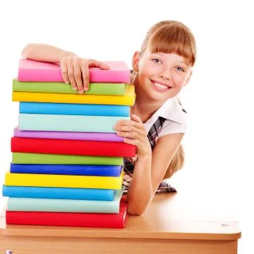 School child holding stack of books. 스톡 사진