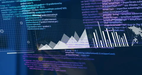 In school, child learning animation with graph and code overlay on computer Stock Footage 304856966