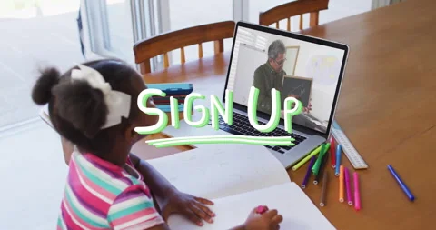 In school, child learning animation with Sign Up text on laptop screen 動画素材 303420669