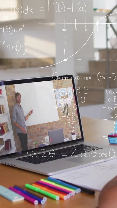 In school, child learning math online with animation equations on laptop screen Stockbeeldmateriaal 319810986