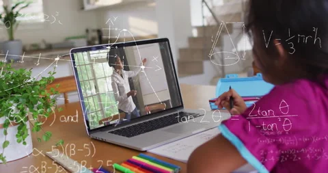 In school, child learning math with teacher on laptop, viewing animation Stock Footage 303528072