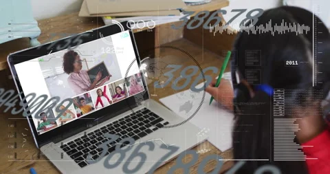 In school, child participating in online class with animation on laptop screen Stock Footage 304764528
