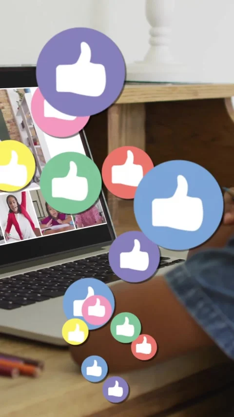 In school, child participating in virtual class with animation of thumbs-up Stock Footage 319811299